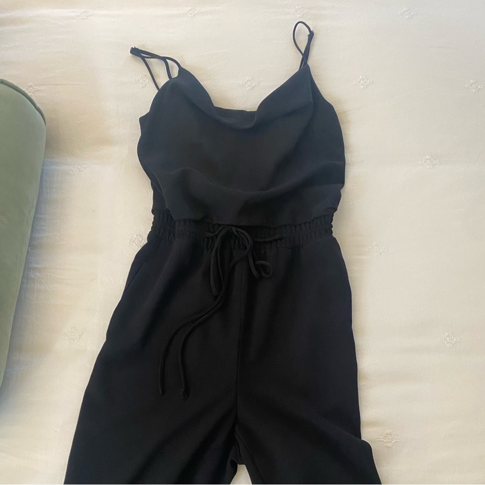 Gianni Bini Long Black Jumpsuit with cowl neckline, drawstring waist Size XS